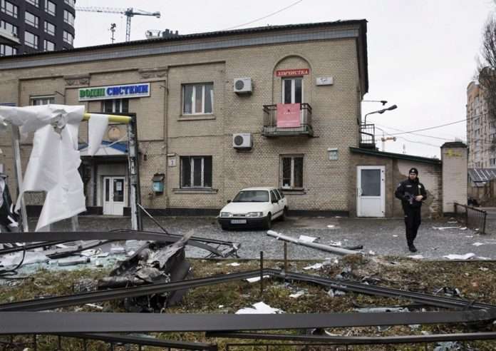 Aftermath of explosion in Kiev as Russian troops enter Ukraine