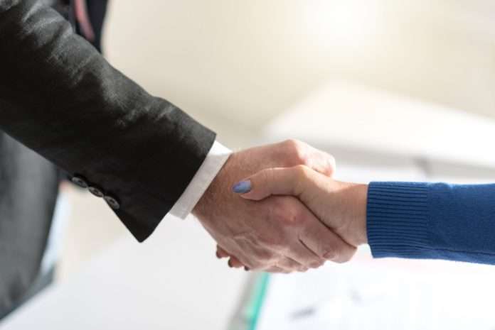 Handshake between businesswoman and businessman, light effect
